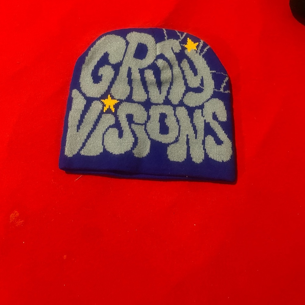 Graphic Blue Beanie with Gray Text